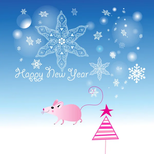 蓝色背景下的新年矢量粉红老鼠 — 图库矢量图片