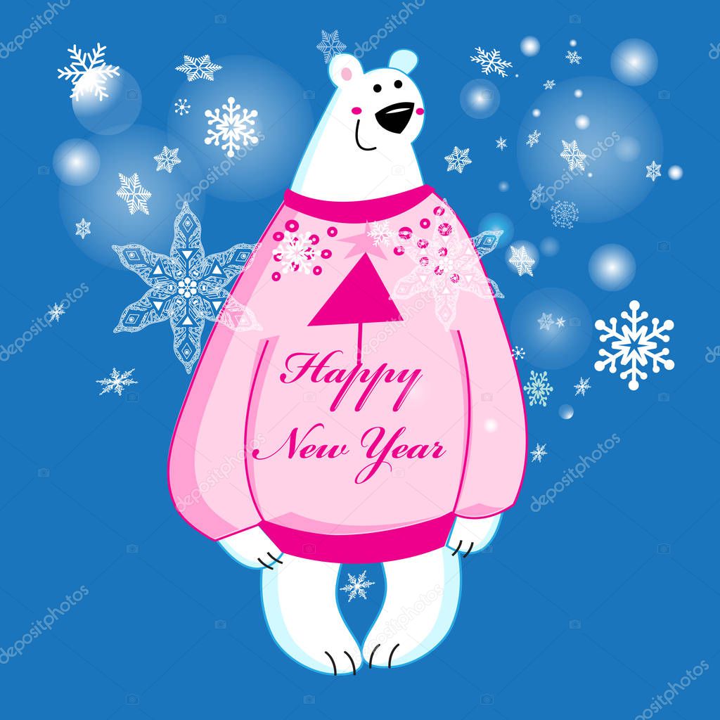 New year greeting vector card with a white bear on a blue background with snowflakes