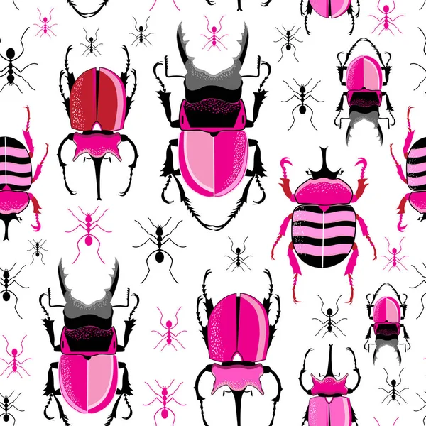 Vektor ljust sömlöst mönster med skalbaggar och myror — Stock vektor