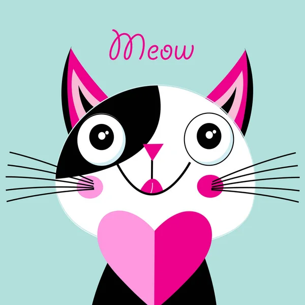 Cheerful portrait of a vector cat in love with a heart on a blue background. — Stock Vector