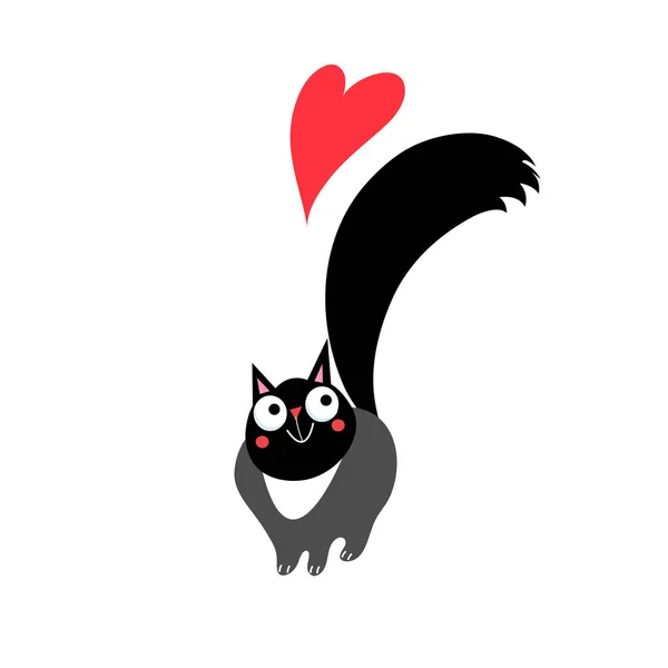 Beautiful black funny cat in love with a heart — 스톡 벡터
