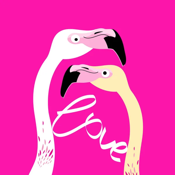 粉红背景的火烈鸟的矢量图解 情人节卡片上有爱的题词 — 图库矢量图片