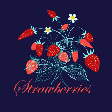 Sırtında lezzetli çilekler olan parlak vektör kartı.