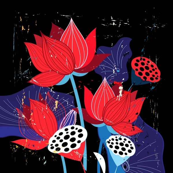Vackra Röda Lotusar Och Blad Mörk Retro Bakgrund — Stock vektor