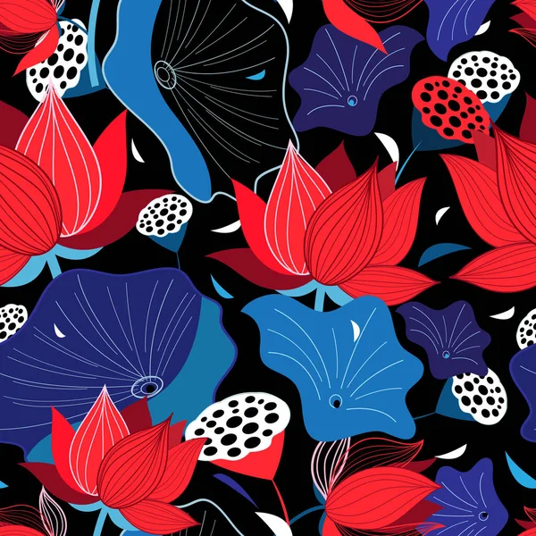 Fond Floral Lumineux Sans Couture Avec Des Lotus Des Feuilles — Image vectorielle