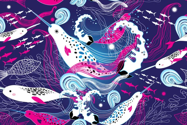 Бесшовный Морской Узор Нарвалами Синем Фоне Рыбой Дизайн Шаблона Ткани — стоковый вектор