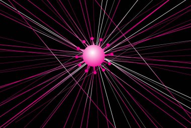 Karanlık bir arka planda parlak bir virüsün vektör grafikleri. Koronavirüslü bir poster..