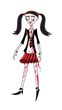 Beyaz bir arka planda vektör grafik kız zombi kız öğrenci. Cadılar Bayramı için bir karakter.