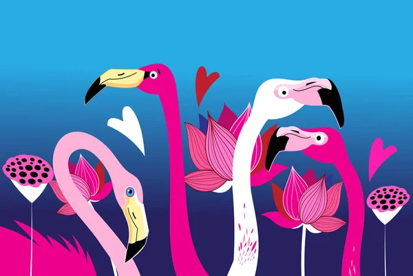 Vackra Porträtt Grafik Rosa Flamingos Med Lotus Blommor Blå Bakgrund — Stock vektor