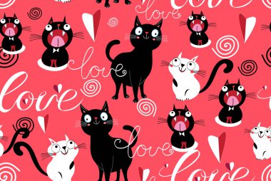 Kırmızı arka planda birbirini seven kedi ve kalplerin kusursuz bir örneği. Kedi severler günü için şablon.