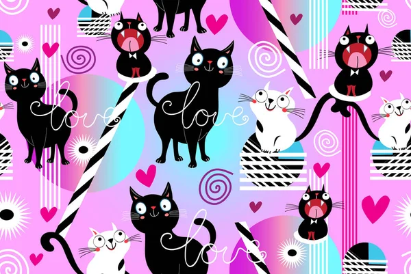 Seamless Funny Pattern Loving Cats Hearts Purple Background Template Cat — Stock Vector