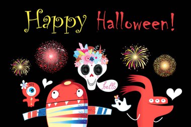 Cadılar Bayramı için üzerinde canavarlar ve kafatası olan bir kartpostal.