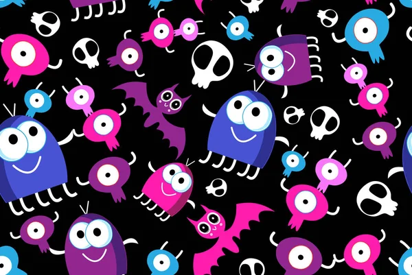 Amusant Sans Couture Motif Halloween Monstres Crânes Sur Fond Noir — Image vectorielle
