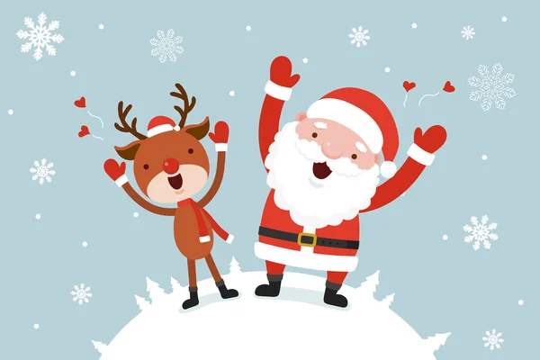Santa y Reno con árbol de Navidad — Vector de stock