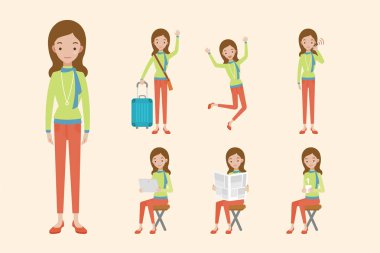 Kadın tutarak seyahat çantası, atlama, telefon görüşmesi, tablet bilgisayar holding, gazete okuyan ve Kupası holding.