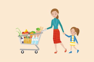 Bir alışveriş bastırıyor anne kızıyla yiyecek dolu sepeti.