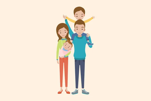 Niedliche Karikatur junges Paar hält ein Baby und lächelt, isoliert auf beigem Hintergrund. — Stockvektor