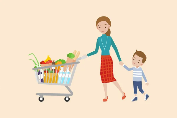 Maman poussant un panier plein d'épicerie avec son fils . — Image vectorielle