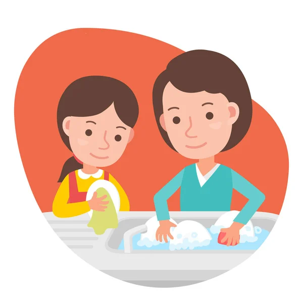 Mother and daughter washing the dishes. — Stock Vector