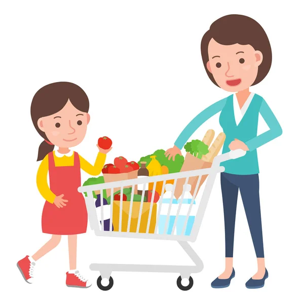 Mutter und Tochter mit Einkaufswagen. Einkaufen mit Kind. — Stockvektor