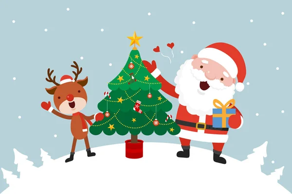 Santa y Reno con árbol de Navidad . — Vector de stock
