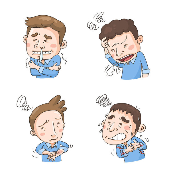 Sick characters set of people with pain and diseases isolated vector illustration.