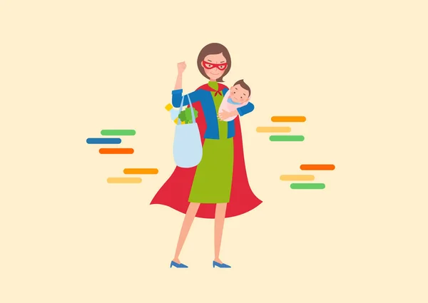 Суперженщина держит ребенка и сумку с продуктами. . — стоковый вектор