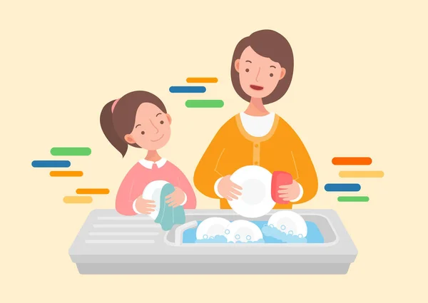 Mother and daughter washing the dishes. — Stock Vector