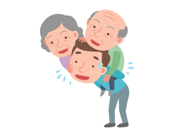 Ein Mann trägt die Eltern auf dem Rücken. Er ist glücklich. — Stockvektor
