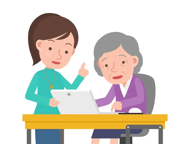 Leraren en oude vrouw van computer leren — Stockvector