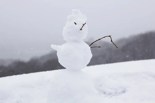 Karlı manzara arka plan üzerinde Noel kardan adam — Stok fotoğraf