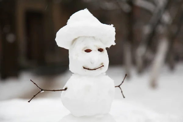 Funny Real Happy Snowman in Christmas Time — Stock Photo, Image