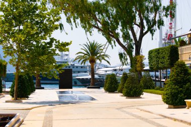 Tivat, Karadağ 05 Temmuz, 2017 Porto Karadağ, güneşli yaz günü dolgu ve palmiye ağaçları ve misafir