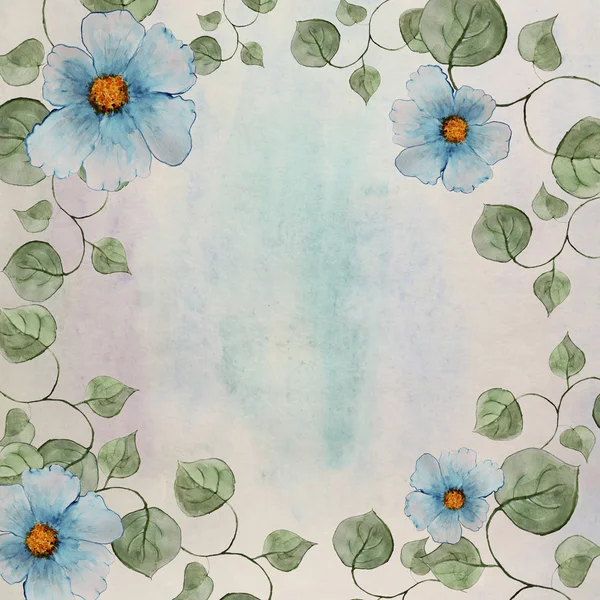 Scenic watercolor background frame with blue flowers and leaves — Stock Photo, Image