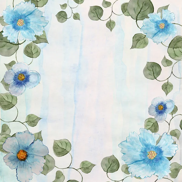 Cadre de fond aquarelle scénique avec des fleurs et des feuilles bleues — Photo