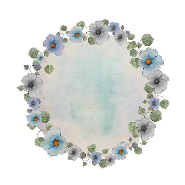 Couronne aquarelle de belles fleurs et feuilles bleues — Photo