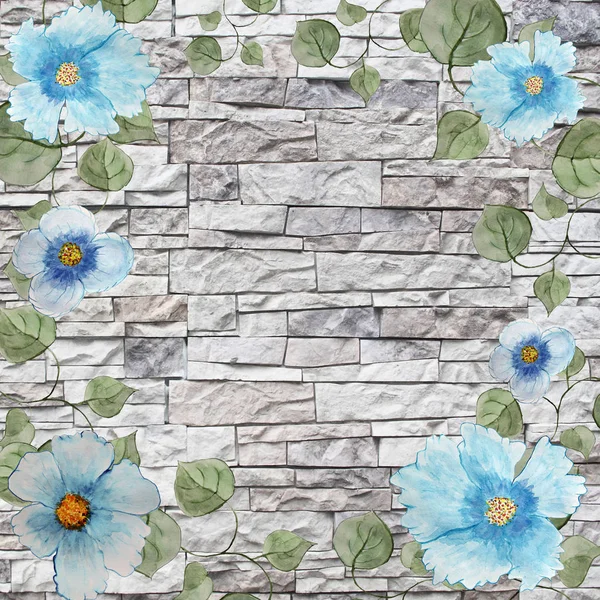 Scenic watercolor background frame with blue flowers and leaves — Stock Photo, Image