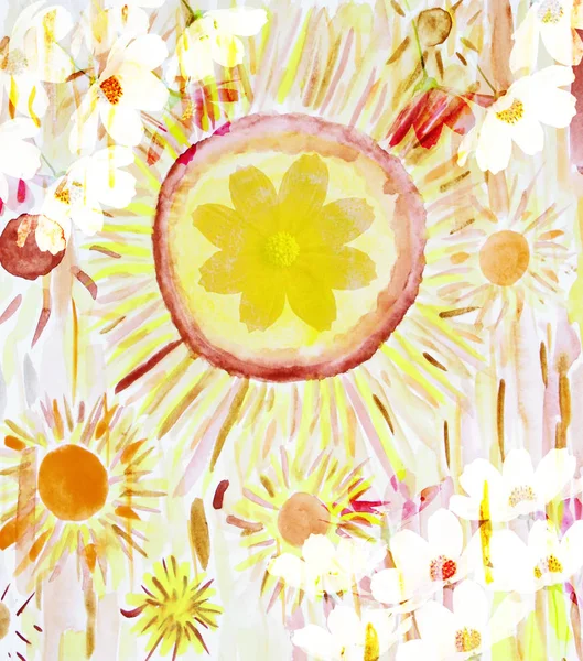 Soleado verano fondo de acuarela floral, hecho con filtro de color — Foto de Stock