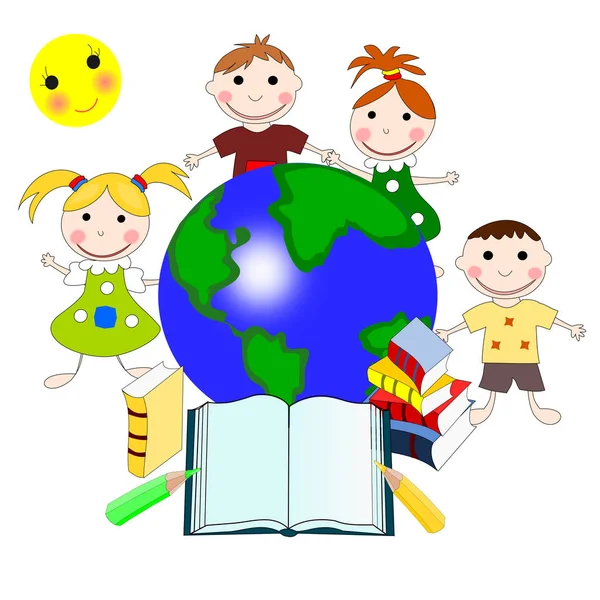 European children with books and a map of the world, education c — Stock Photo, Image