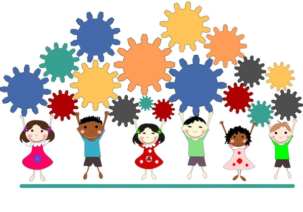 Children of different races with gears, teamwork concept, illust — Stock Photo, Image