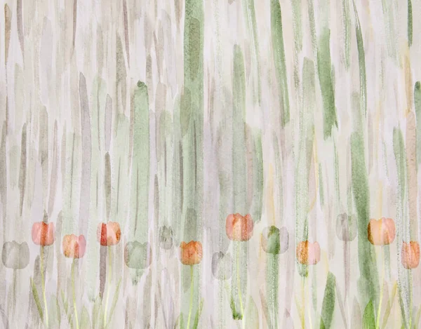 Pintorescos tulipanes sobre fondo verde abstracto. Hecho a mano. Agua. — Foto de Stock