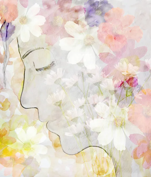 Абстрактний малюнок дівчини обличчя профіль акварель в красивому кольорі Стокове Фото