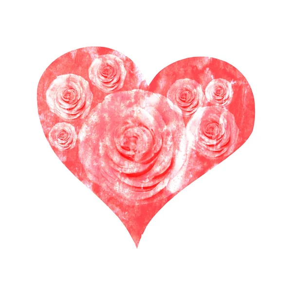 Red heart with roses painted in watercolor for Valentine's Day — Stock Photo, Image