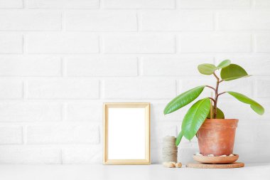 Boş ahşap çerçeve beyaz boşluk ile tablo ficus çiçek, fındık ile açıktır. DIY hazırlık