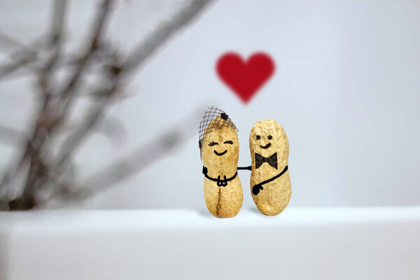 St. Valentines card. Invitation. Love concept. Wedding. Date in the evening. Creative hand made couple made from nuts. Talking Lovers on the date. Funny cute peanuts in love in night. Healthy snack.