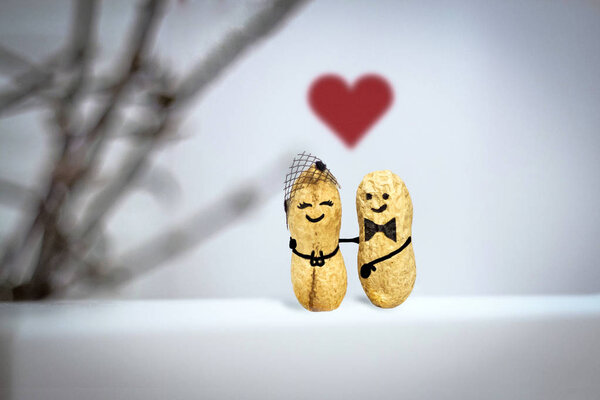 St. Valentines card. Invitation. Love concept. Wedding. Date in the evening. Creative hand made couple made from nuts. Talking Lovers on the date. Funny cute peanuts in love in night. Healthy snack.