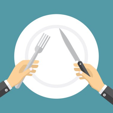 Empty plate and hands holding knife and fork. clipart