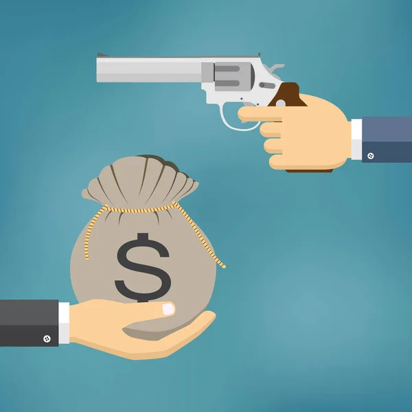 Pistola de mano y otra mano dando dinero . — Vector de stock