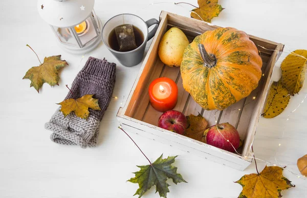Autumn decor with candle, pumpkin, lantern, cup of tea and fall — Stock Photo, Image