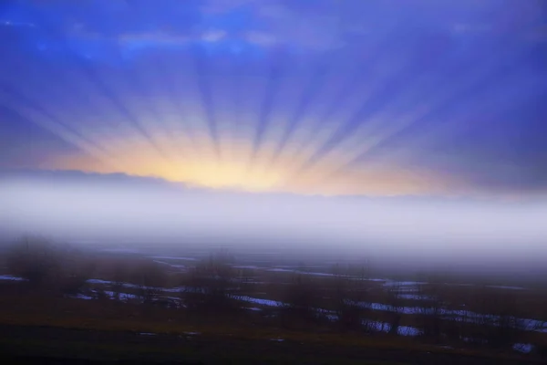 Туманное утро на лугу с солнечными лучами и туманом — стоковое фото